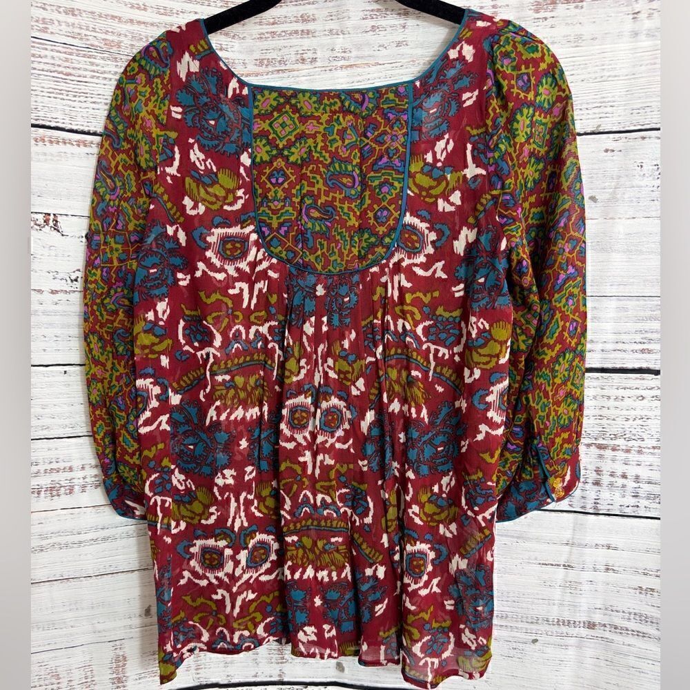 Viola‎ Top Womens size Large chiffon Paisley boho button up Sheer scoop Neck